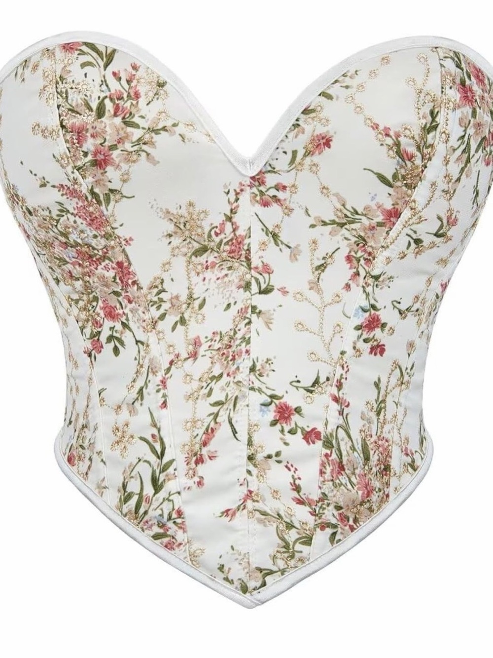 Floral Satin Longline Bustier Corset Top - Cream/Pink
